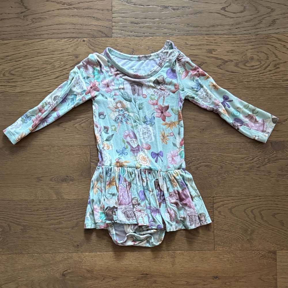 Posh Peanut Floral Long Sleeve Dress Bodysuit Romper - Mint Floral 2T